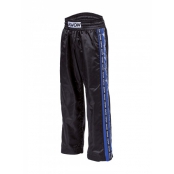 KWON saténové kalhoty černé s modrým pruhem